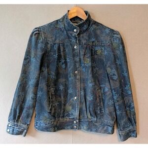 VTG 90s Floral Pineapple Print Denim Jean Jacket Sz‎ Women Medium Puff Shoulders